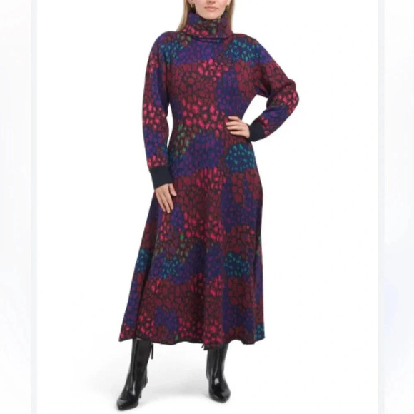 FARM Rio Dresses & Skirts - NWT Farm Rio Leopard Print  Long Sleeve Turtle Neck Sweater Midi Dress L